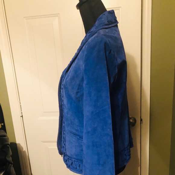 Beautiful Bamboo Embroidered Blue Suede Jacket - Picture 3 of 9